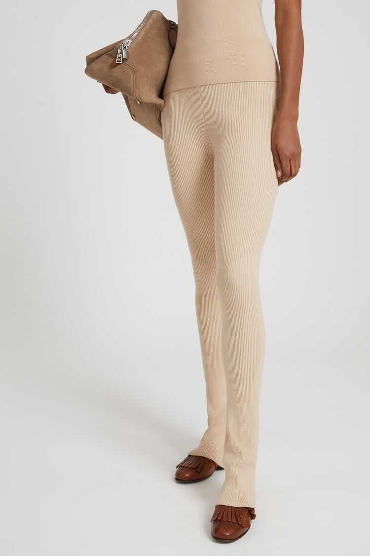 Nude viscose blend leggings with vertical rib pattern