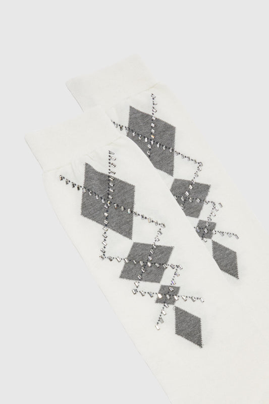 Cotton sock with argyle pattern and crystals