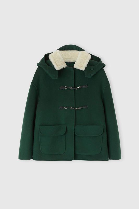 Pure virgin wool coat with real shearling collar and large hood