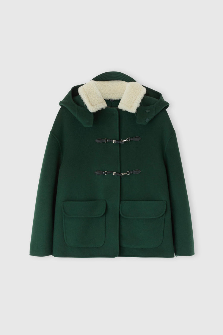 Pure virgin wool coat with real shearling collar and large hood