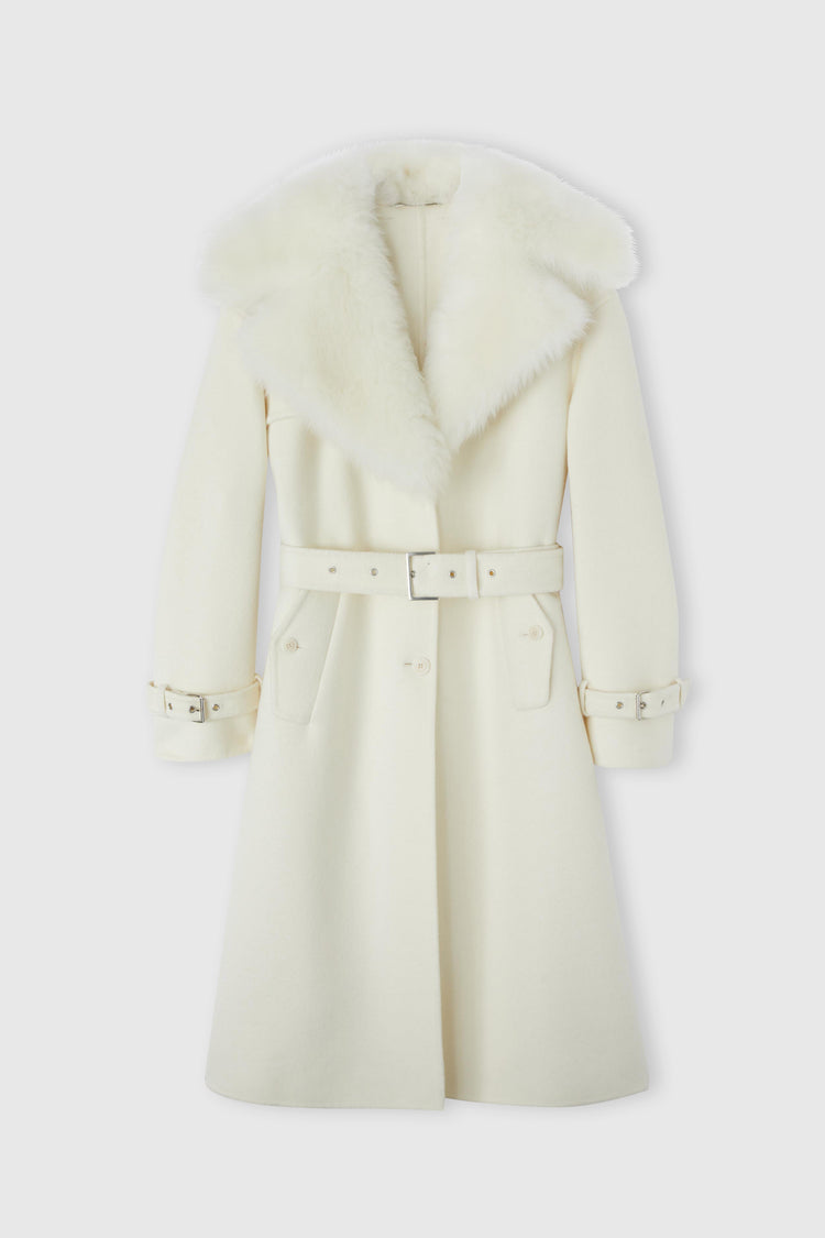 Single-breasted midi tailored coat with belt and collar in real sheepskin fur