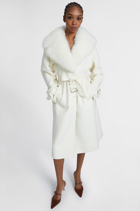 Single-breasted midi tailored coat with belt and collar in real sheepskin fur
