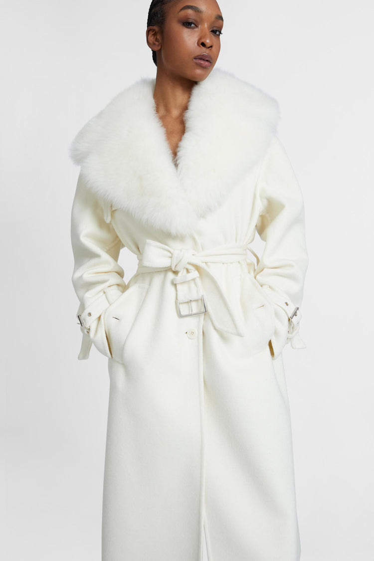 Single-breasted midi tailored coat with belt and collar in real sheepskin fur