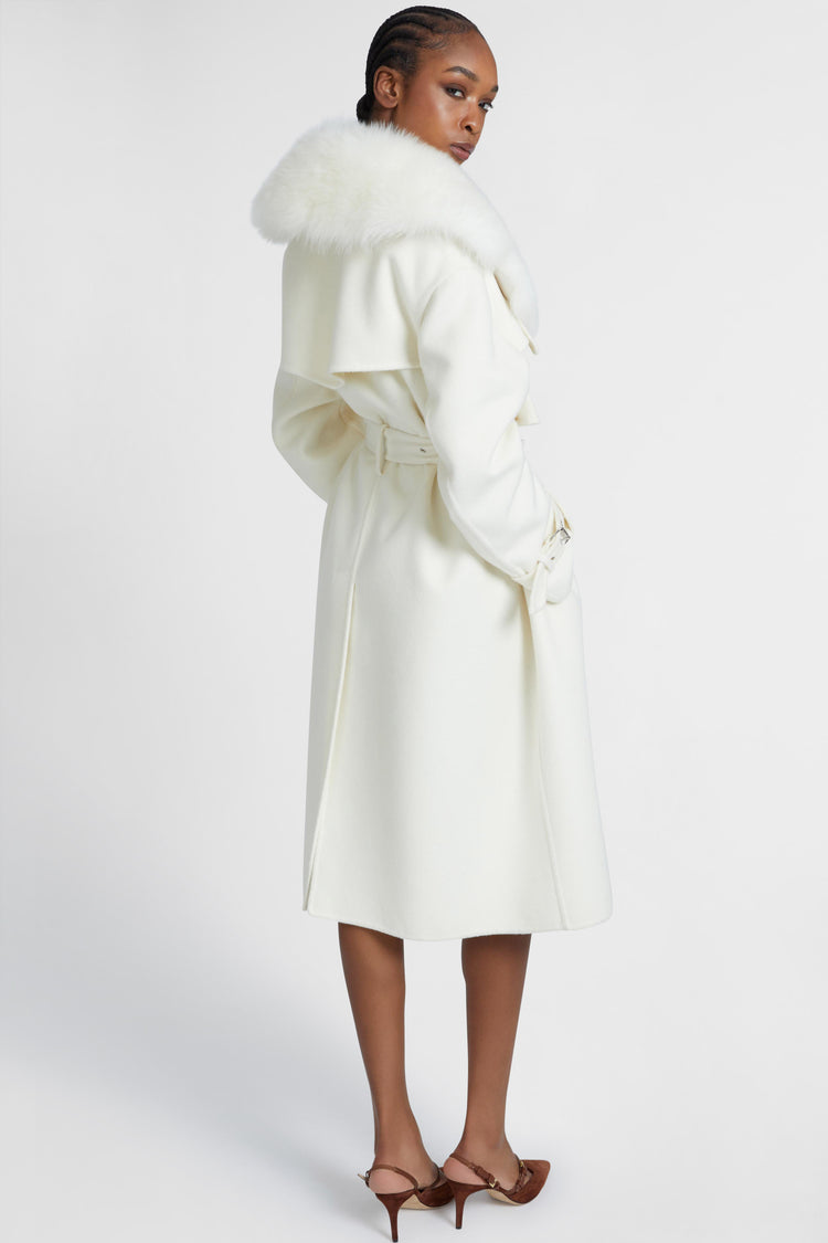 Single-breasted midi tailored coat with belt and collar in real sheepskin fur