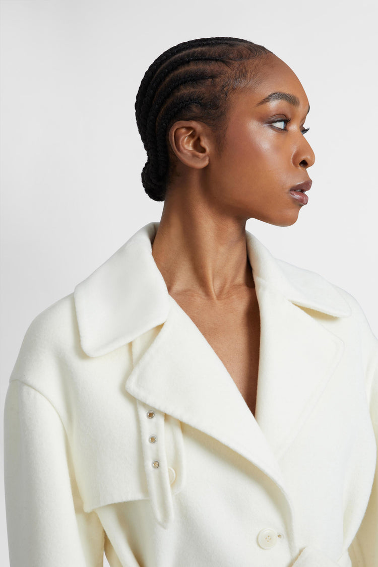 Single-breasted midi tailored coat with belt and collar in real sheepskin fur