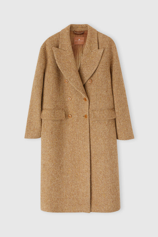 Double-breasted midi coat in virgin wool and silk with herringbone pattern