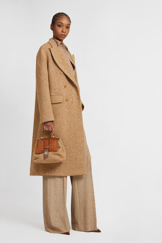Double-breasted midi coat in virgin wool and silk with herringbone pattern
