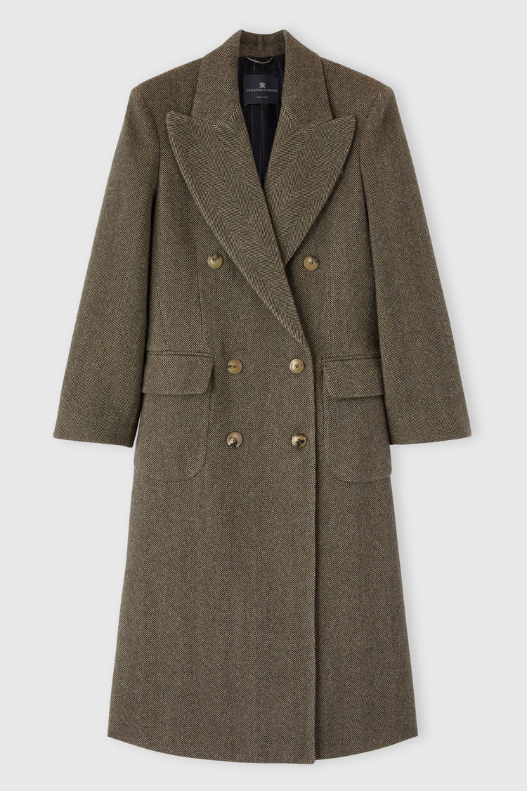 Tailored coat in a virgin wool, silk, and cashmere blend with resca pattern