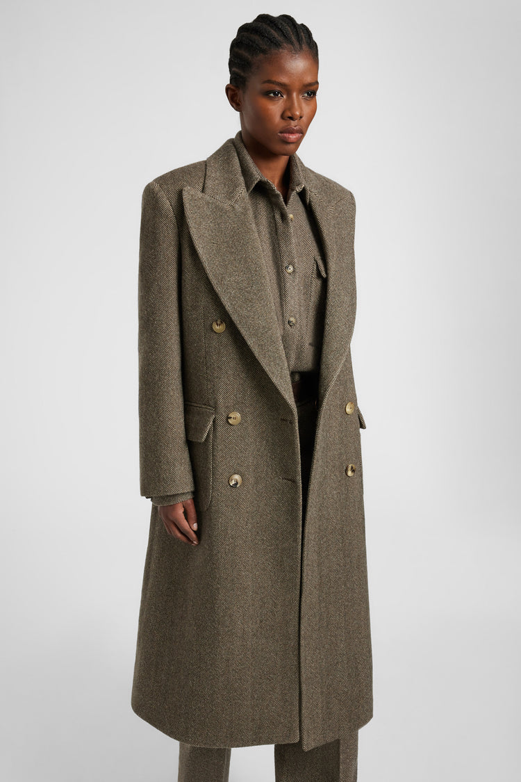 Tailored coat in a virgin wool, silk, and cashmere blend with resca pattern