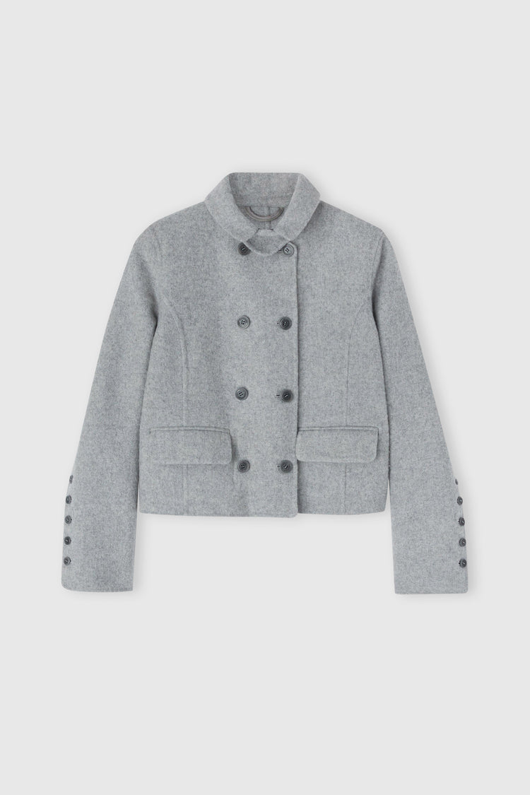Short double-breasted coat in virgin wool blend with adjustable collar