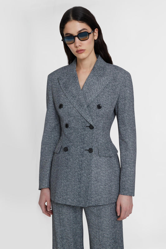 Double-breasted viscose jacket with herringbone pattern