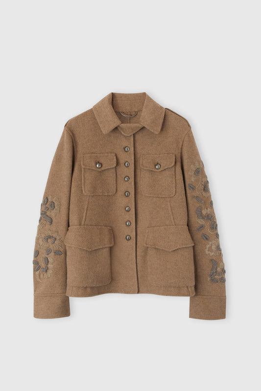 Wool blend coat with raised floral embroidery