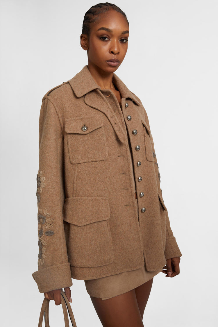 Wool blend coat with raised floral embroidery
