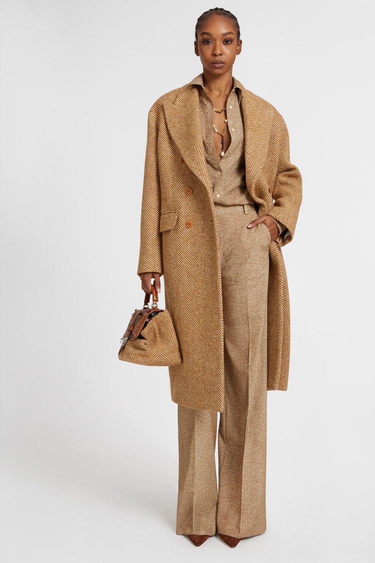 Viscose palazzo trousers with herringbone pattern in shades of brown