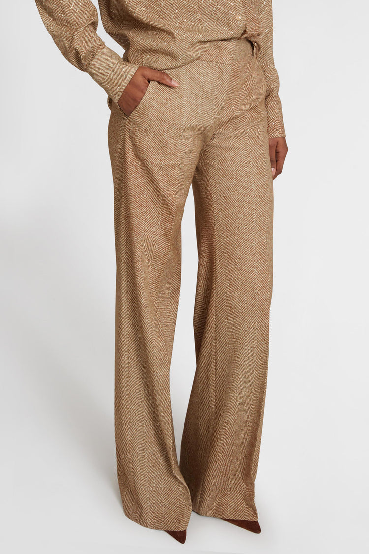 Viscose palazzo trousers with herringbone pattern in shades of brown
