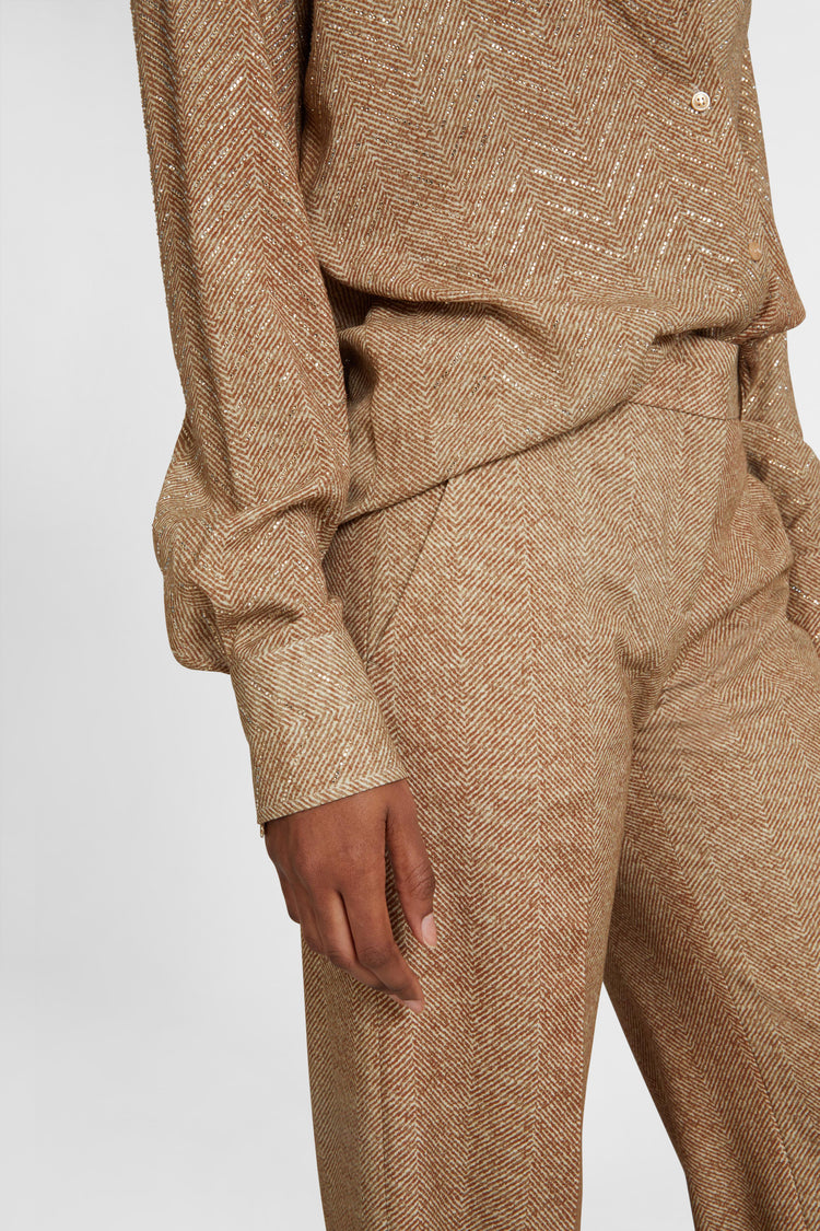 Viscose palazzo trousers with herringbone pattern in shades of brown
