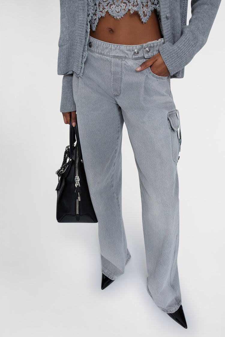 Low-rise cargo palazzo jeans in grey