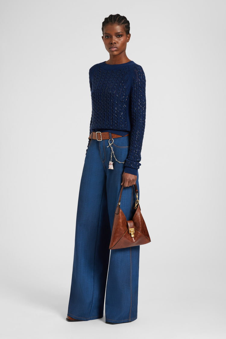 Palazzo trousers in dark denim-print marocain