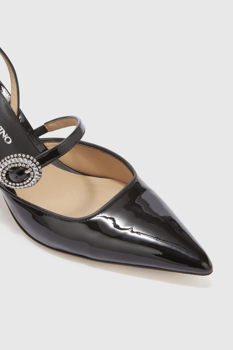 Patent leather slingback with handmade jewel buckle