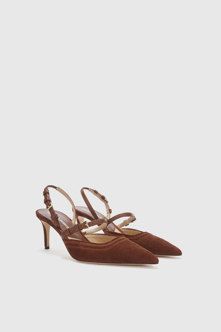 Slingback in split leather with hand-finished brogue motif