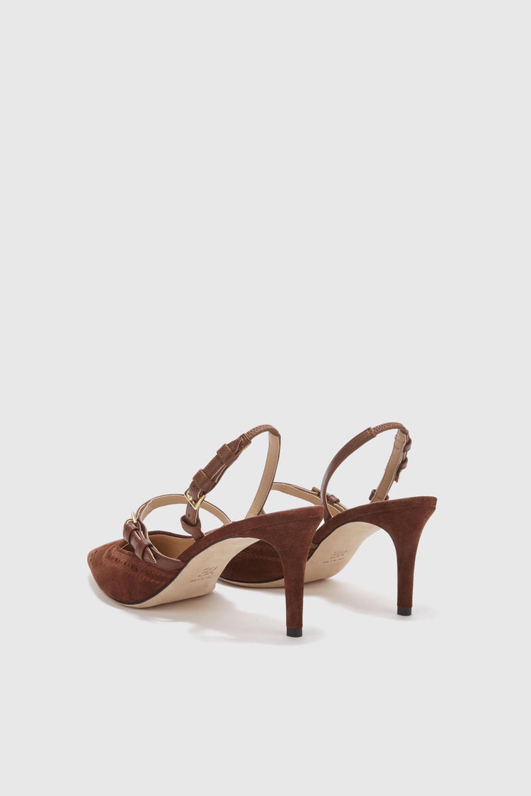 Slingback in split leather with hand-finished brogue motif