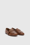 Vintage brown nappa College loafer with brogue fringes and strap