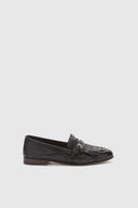 Vintage black nappa College moccasin with brogue fringes and strap