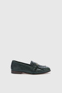 Vintage forest green nappa College loafer with brogue fringes and strap