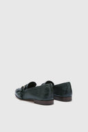 Vintage forest green nappa College loafer with brogue fringes and strap