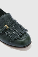 Vintage forest green nappa College loafer with brogue fringes and strap