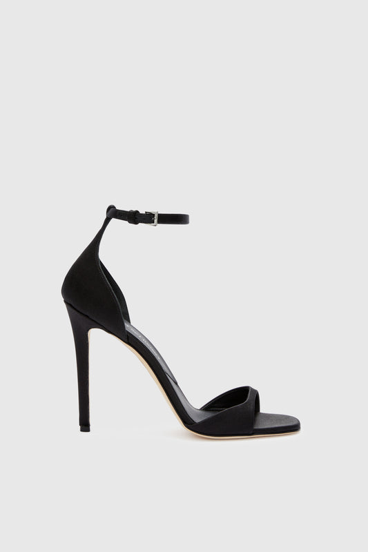Black satin sandal with ankle strap