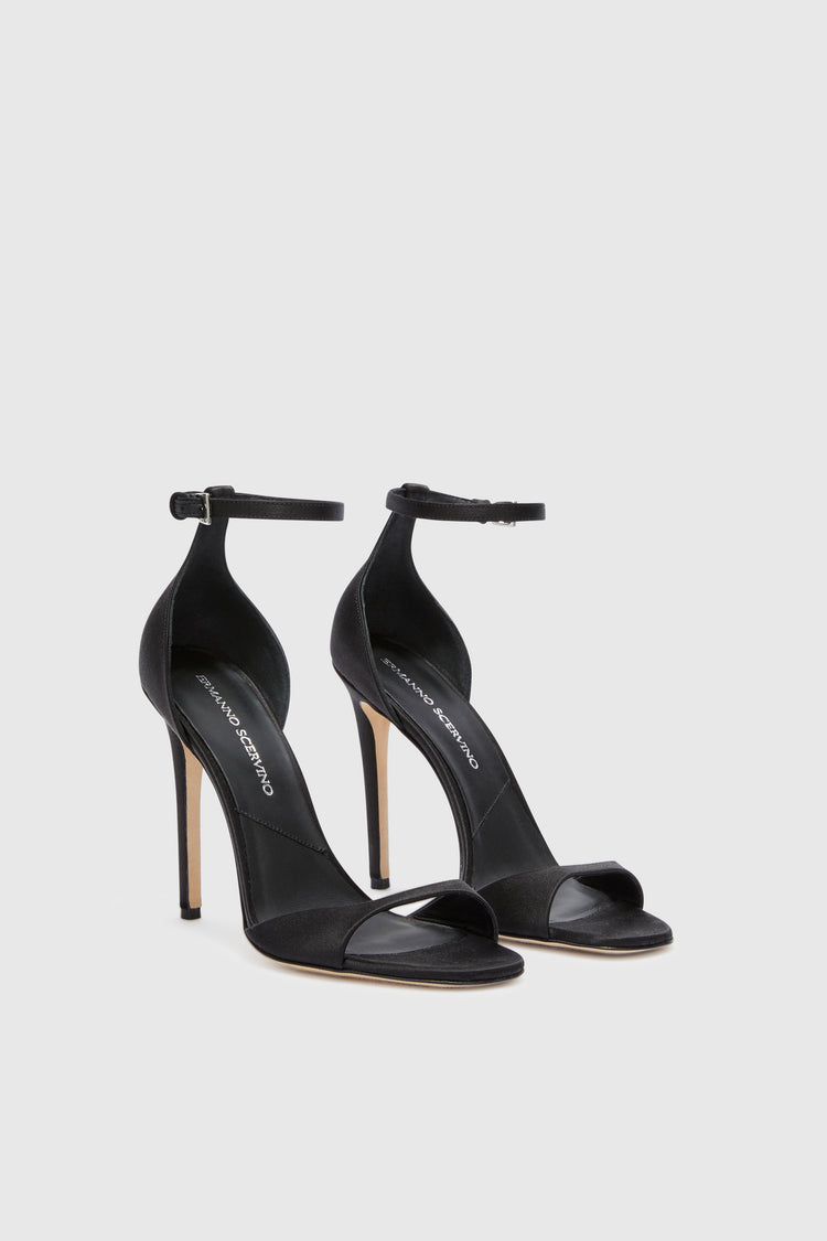 Black satin sandal with ankle strap