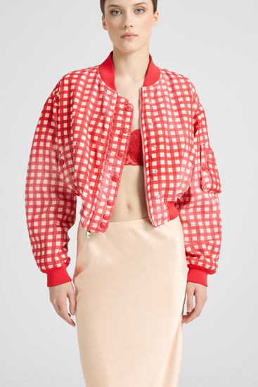 Technical fabric bomber with vichy interior