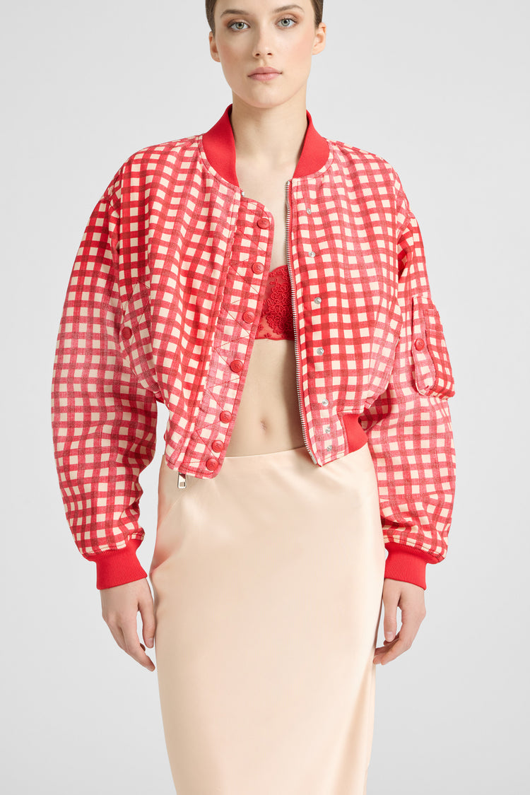 Technical fabric bomber with vichy interior