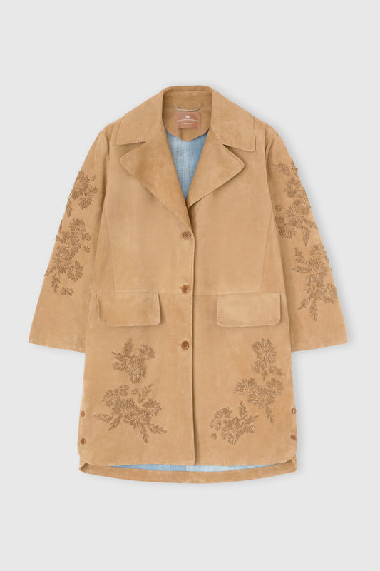 Caban in pelle scamosciata con interno marocain e ricamo floreale