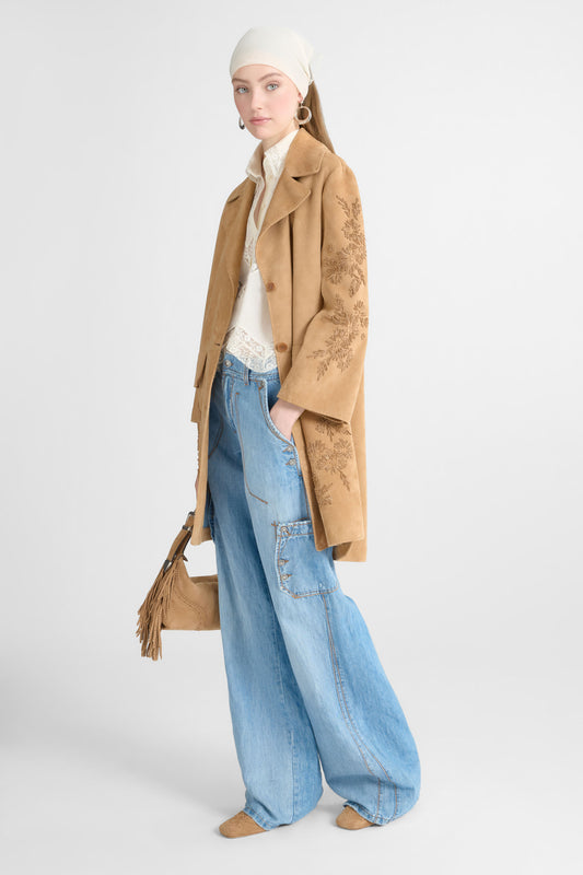 Caban in pelle scamosciata con interno marocain e ricamo floreale