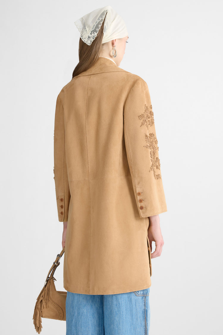 Suede caban with marocain interior and floral hand embroidery