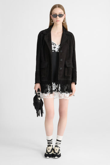 Suede caban with fringes and broguing details