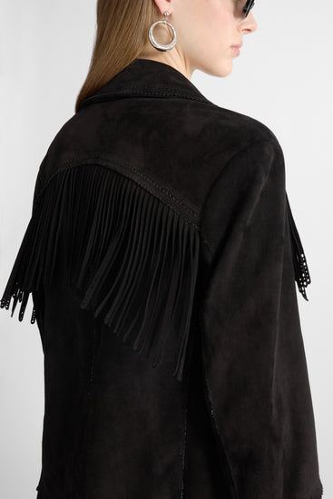 Suede caban with fringes and broguing details
