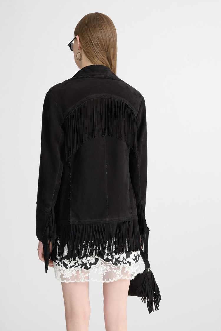 Suede caban with fringes and broguing details