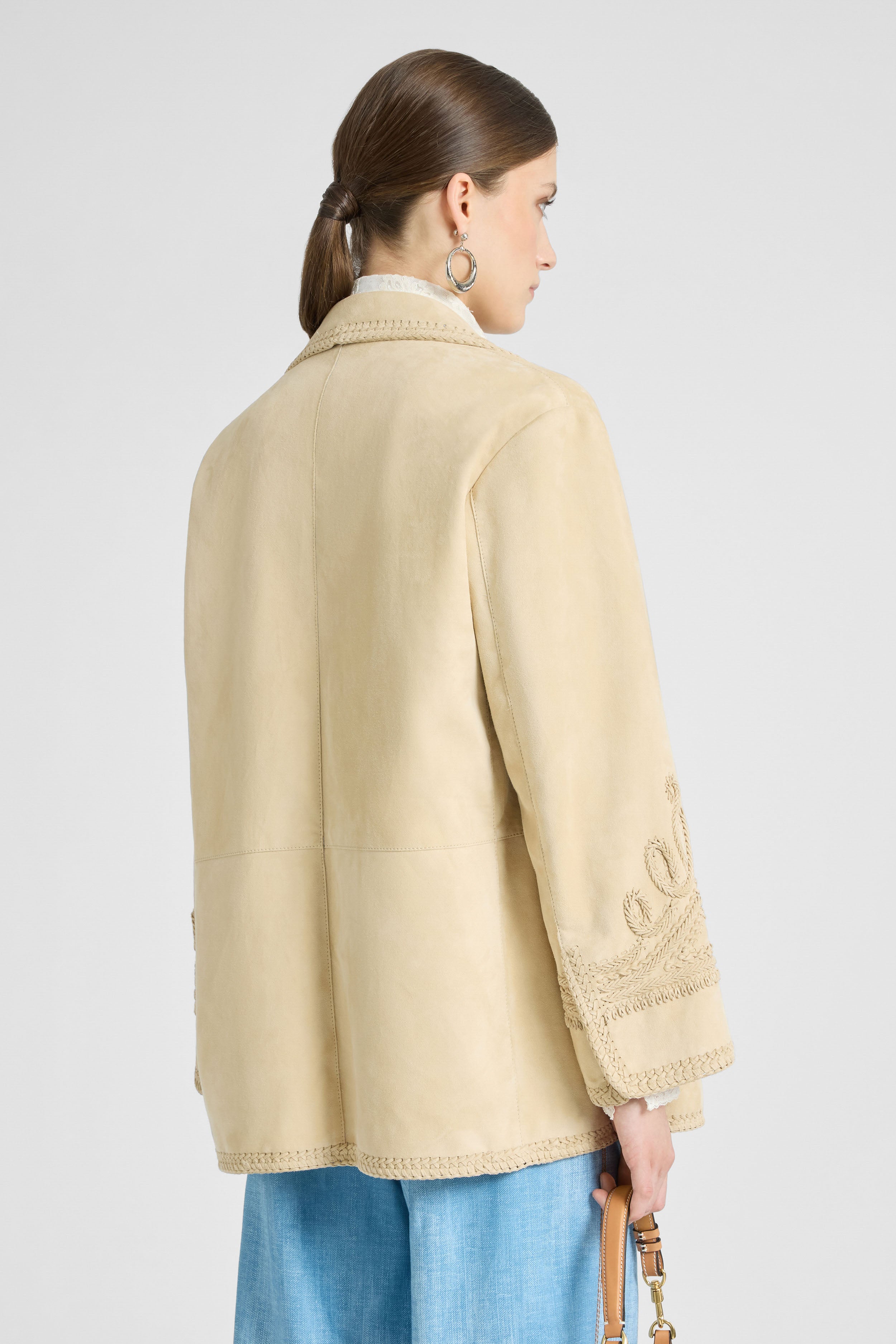 【ERMANNO SCERVINO】ベージュ レザーライダージャケット Suede jacket with hand-made embroidery