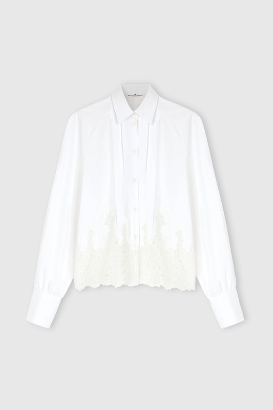 Cotton Shirt with Puff Sleeves and Rebrodé Lace Detail