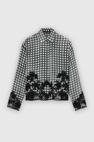 Silk Shirt with Vichy Pattern and Hand-Applied Rebrodé Lace