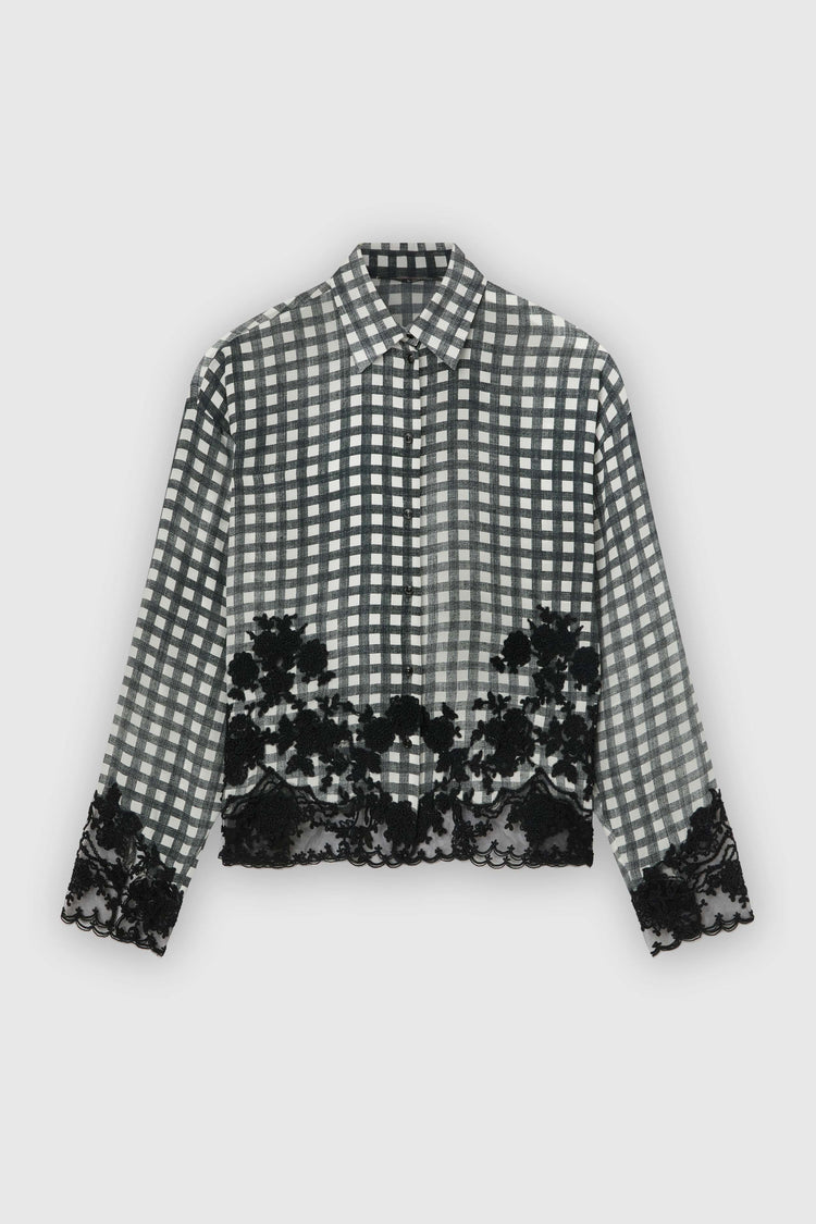 Silk Shirt with Vichy Pattern and Hand-Applied Rebrodé Lace