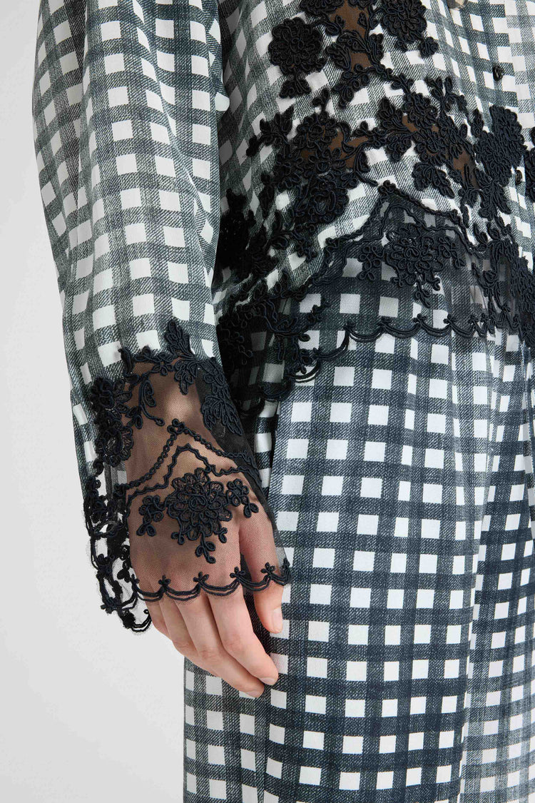 Silk Shirt with Vichy Pattern and Hand-Applied Rebrodé Lace