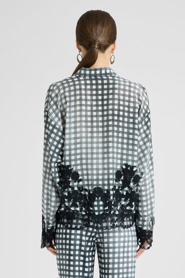 Camicia in seta con fantasia Vichy e pizzo rebrodé