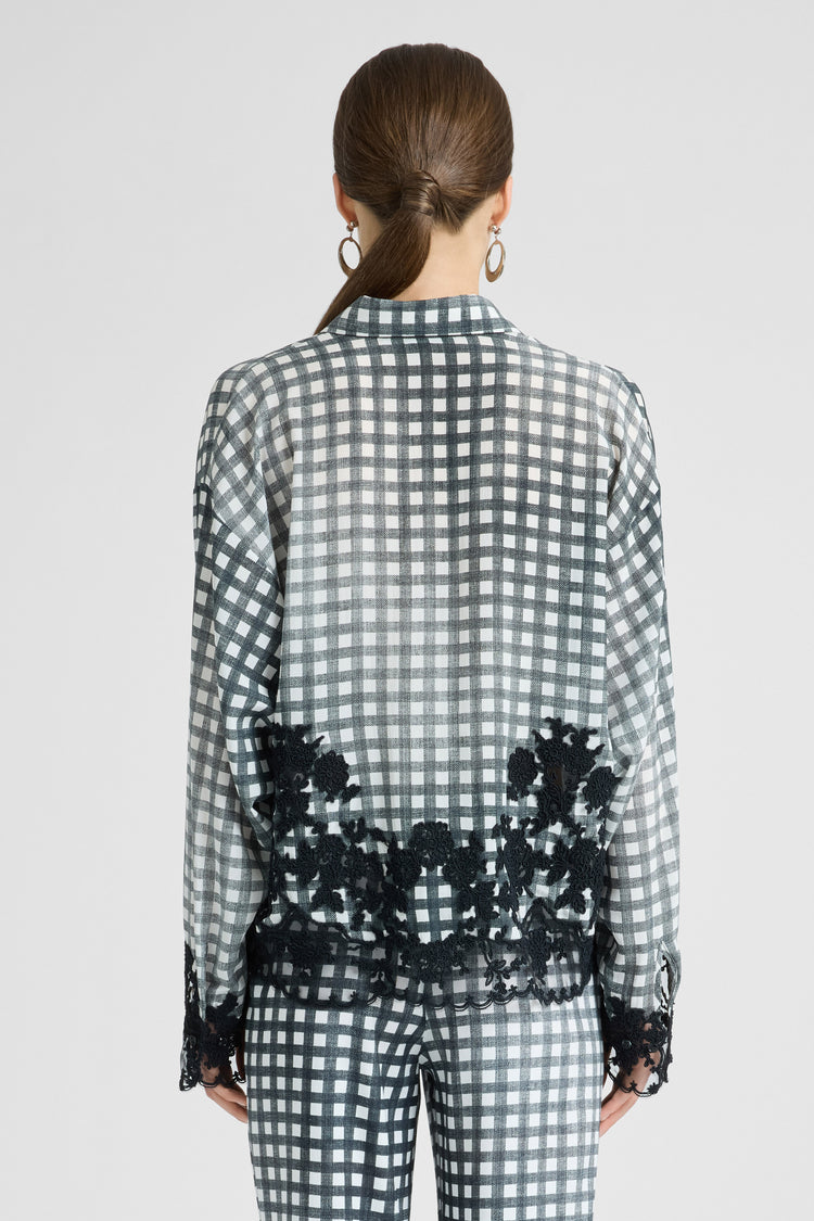 Camicia in seta con fantasia Vichy e pizzo rebrodé