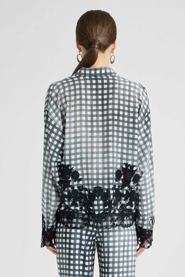 Silk Shirt with Vichy Pattern and Hand-Applied Rebrodé Lace