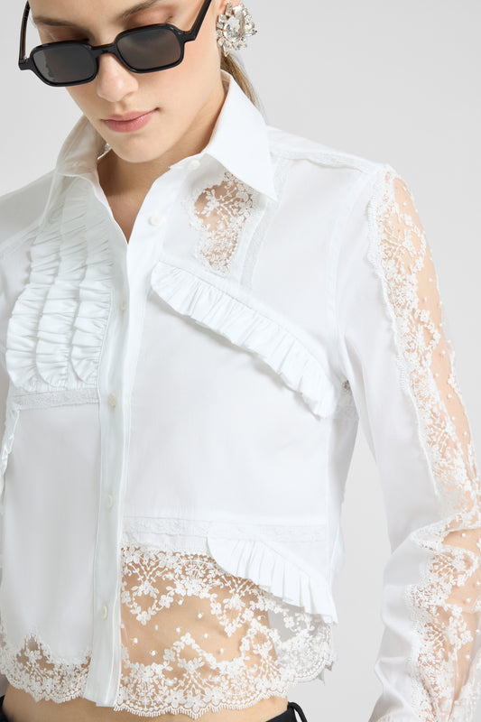 Cotton Poplin Shirt with Patchwork Details and Valencienne Lace