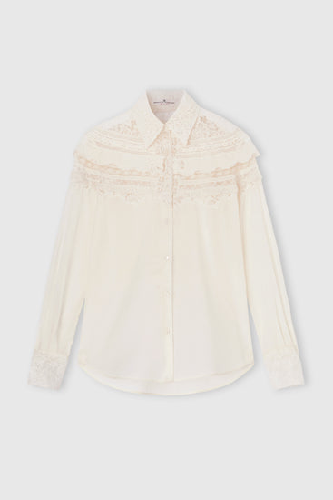 Cotton Muslin Shirt with Valencienne, San Gallo, and Rebrodé Lace